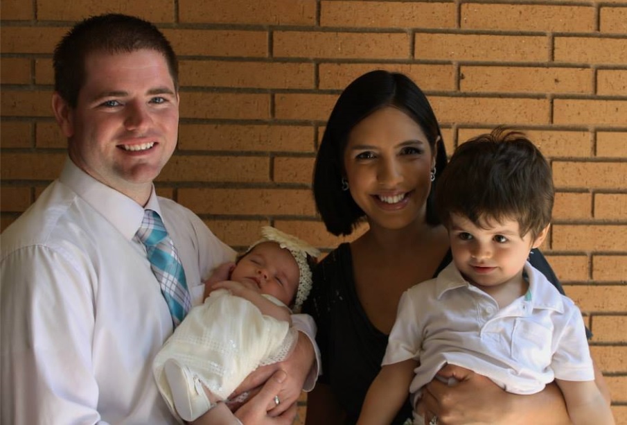 Young family right after an LDS baby blessing in Southern California in 2013
